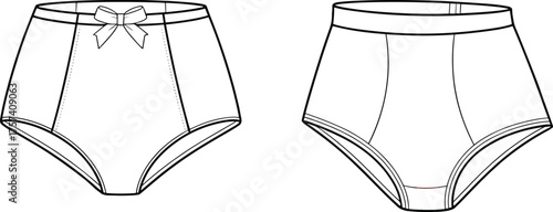 High waisted women underwear technical flat sketch, lingerie fashion design, CAD drawing vector, garment construction, sewing pattern, apparel illustration