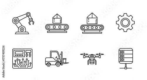 Industrial automation icons set robotic arm conveyor forklift drone manufacturing technology vector