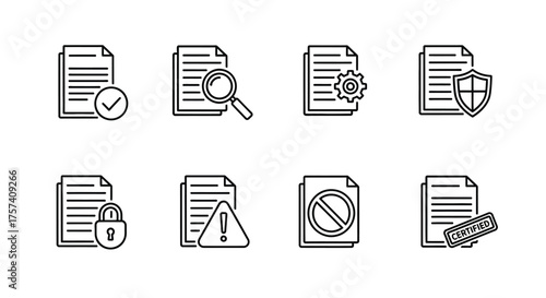 Set of document icons representing various functions like approval security and settings vector