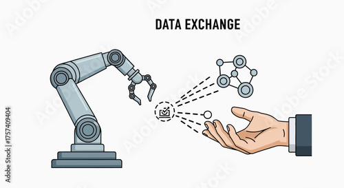 Robotic arm transfers data to human hand representing futuristic technology and information exchange vector