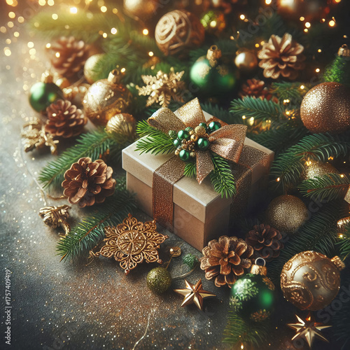 Green Christmas tree branches with shiny toys, gifts under the tree.