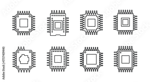 Array of microchip integrated circuits with pins electronic components technology icons set vector
