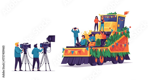 Filming a Festive Parade Float Vector Illustration of Festive Event