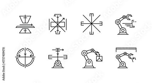 Set of industrial automation icons featuring robotics machinery and measurement devices hand drawn style vector