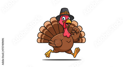 Thanksgiving Turkey Trot Cartoon Bird in Pilgrim Hat Running