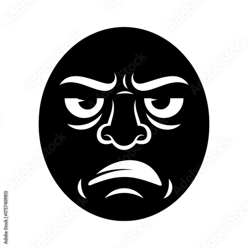 Black and White Stylized Angry Face Icon Vector Graphic Design