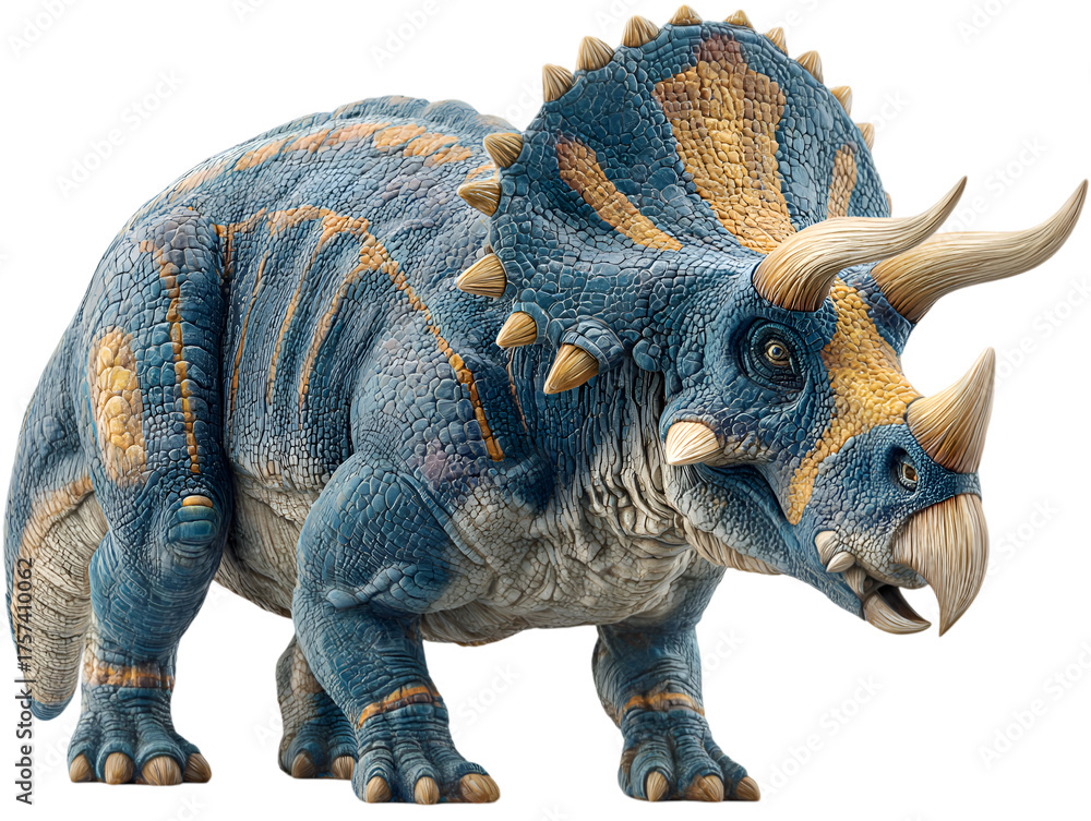 Obraz premium A majestic blue and tan triceratops dinosaur stands proudly showcasing its horns frill and imposing stature against a clean white backdrop.