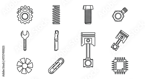 Collection of hand-drawn mechanical engineering components and tools for technical design projects vector