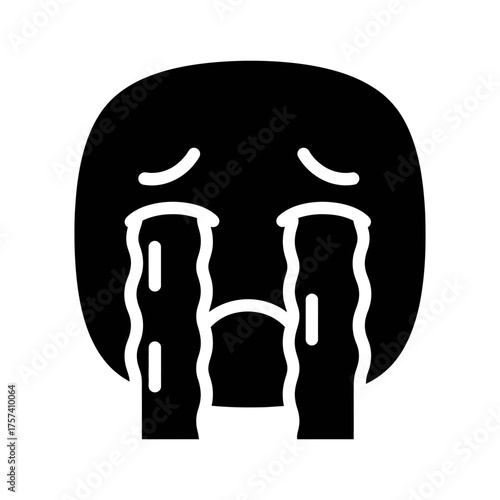 Minimalist Black Glyphic Crying Face Icon with Flowing Tears