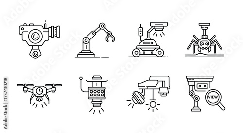 Set of industrial automation technology icons robot arms conveyor systems and manufacturing equipment vector