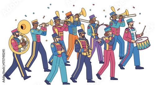 Energetic Parade of Diverse Musicians in Colorful Uniforms, Bringing Joyful Melodies and Festive Celebrations to the Streets