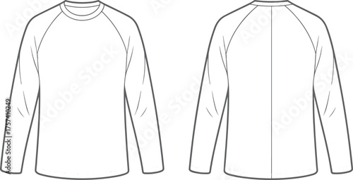 Long sleeve raglan shirt technical flat sketch, fashion vector illustration, apparel design template, cad drawing, sweatshirt clothing construction outline for stock