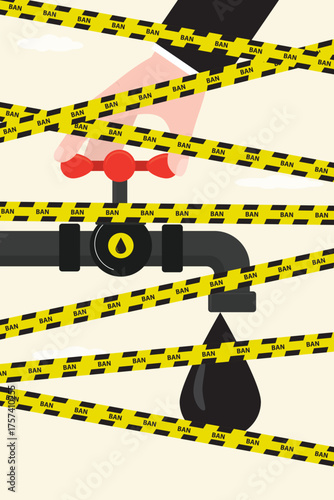 No oil and gas. Forbidden signs. Oil drop and pipe with tap warning tapes. Economic and trade wars. Ban on import and export oil, gas. Sanctions or restrictions.