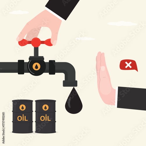 Tap with oil drop, barrels of petrol. Hand of businessman shows gesture - stop. Economic and trade wars. Ban on import oil, gas. Sanctions or restrictions.