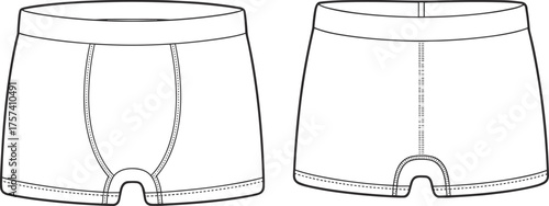 Men’s boxer briefs technical flat, underwear fashion sketch, garment construction drawing, apparel template, clothing outline, seamless design, sewing pattern, vector illustration