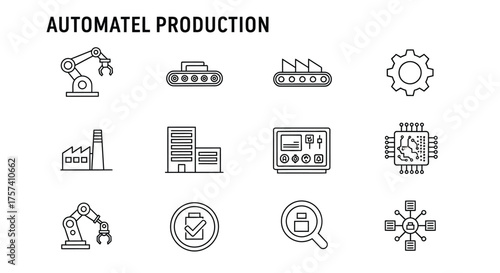 Automated production icons set industrial manufacturing technology factory equipment robotics conveyor belt vector