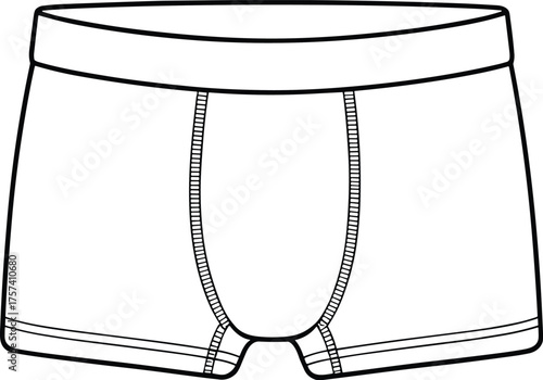 Men boxer briefs technical flat sketch, underwear fashion design, CAD drawing vector, garment construction, sewing pattern, apparel illustration, clothing template