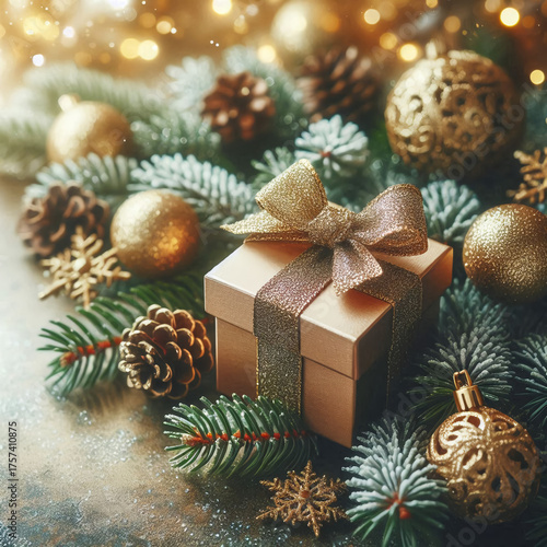 Green Christmas tree branches with shiny toys, gifts under the tree.
