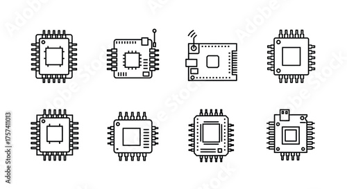 Set of eight electronic microchip components with pins showing technology and engineering design vector