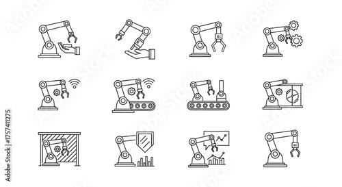 Set of hand-drawn icons representing robotics automation manufacturing and industrial processes vector