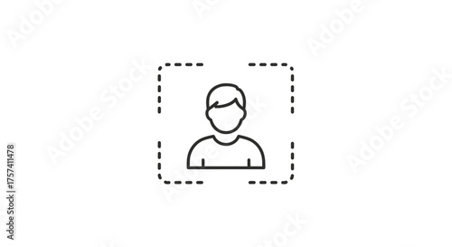 Simple outline icon representing a person within a dotted rectangle frame vector