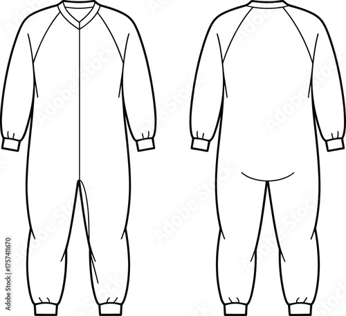 One piece coverall jumpsuit technical flat sketch, fashion vector illustration, apparel design template, cad drawing, loungewear sleepwear clothing construction outline
