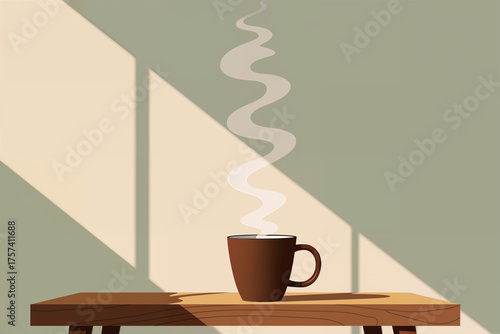 Minimal mid-century scene of a steaming coffee mug on a wooden table with soft sunlight and calm shadows, cozy retro morning vibe