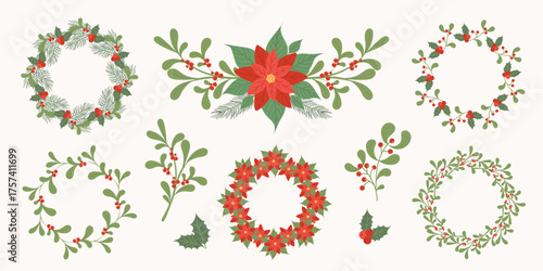 Christmas floral design element set. Wreath with Poinsettia flowers, fir branches, holly plant, mistletoe, red berries, green petals. Botanical vector design template