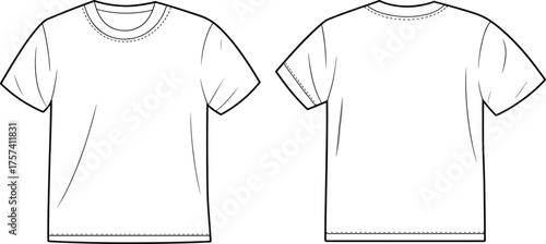 Plain crew neck T-shirt flat sketch, short sleeve, front and back view, CAD drawing, fashion vector, apparel template, garment illustration