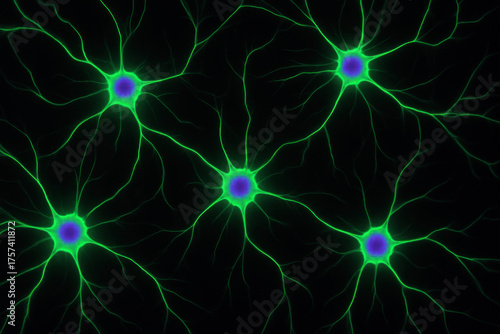 Wallpaper Mural Microscopic view of neural cells glowing neon green with violet nuclei, showing intricate branching structures on black background, representing biomedical science and biotechnology visualization Torontodigital.ca