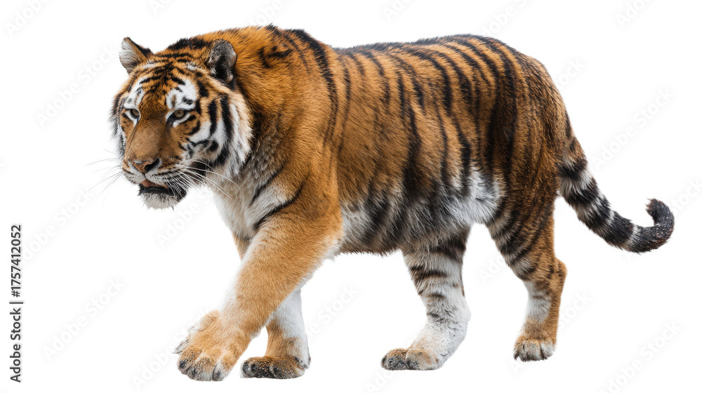 Naklejka premium Majestic tiger walking gracefully with prey in its mouth against a transparent background in a wildlife photography setting