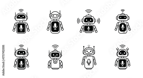 Collection of eight cute cartoon robots icons in a grid format for technology and ai vector