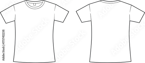 Plain short sleeve T-shirt flat sketch, front and back view, CAD drawing, fashion vector, apparel template, clothing design illustration