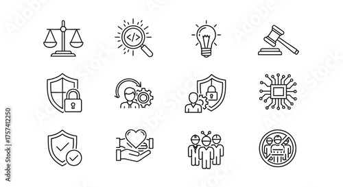Set of 12 hand drawn icons representing law technology security innovation and business concepts vector
