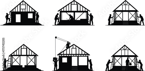 Flat vector house construction process illustration with workers, home building stages, roof framing, and architecture design