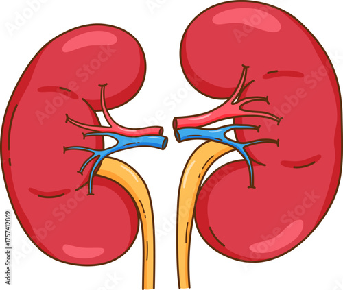 Hand drawn Human Kidneys Illustration. Medical Anatomy of Kidney Organ for Health and Education