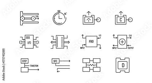 Set of industrial and technical schematics and icons for engineering and systems design vector
