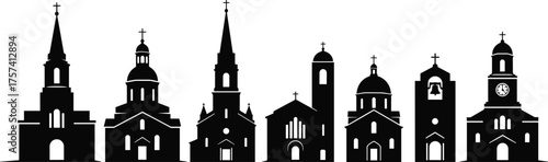 Flat vector church building silhouette collection, religious architecture illustration, cathedral design, faith structure and heritage concept