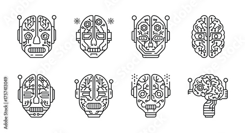 Abstract cyborg brain humanoid head futuristic technology circuit board set vector