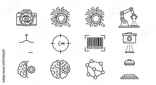 Set of 12 abstract doodle icons representing technology innovation and concepts in hand drawn style vector