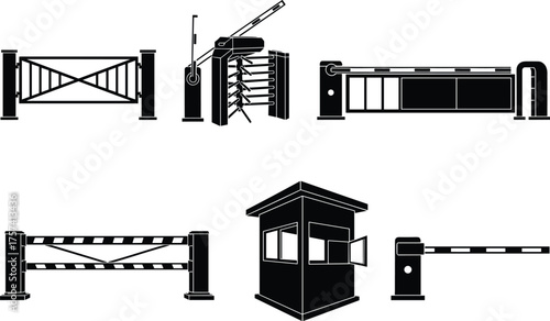 Security gate barrier system, turnstile access control, parking checkpoint booth, automatic entry gate, modern facility illustration