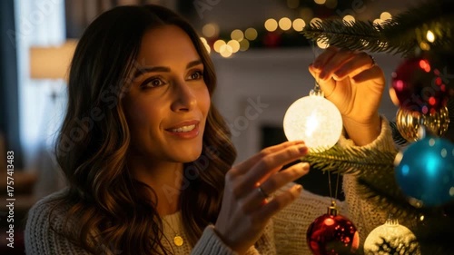 Joyful holiday moment: woman delights in decorating a christmas tree with ornament and warm lights