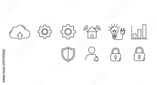 Hand drawn technology icons set cloud cogwheel house lightbulb bar chart shield user padlock vector