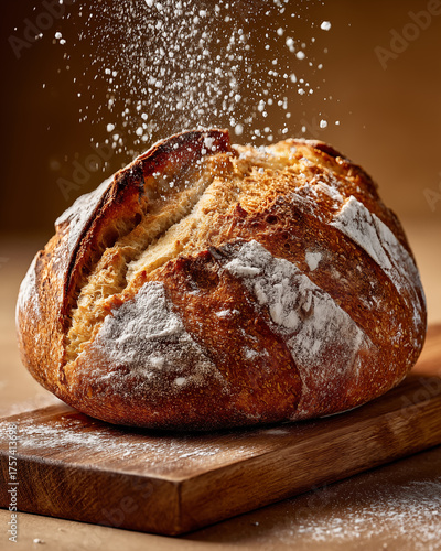 Freshly baked bread with flour on wooden board. Shallow dof.