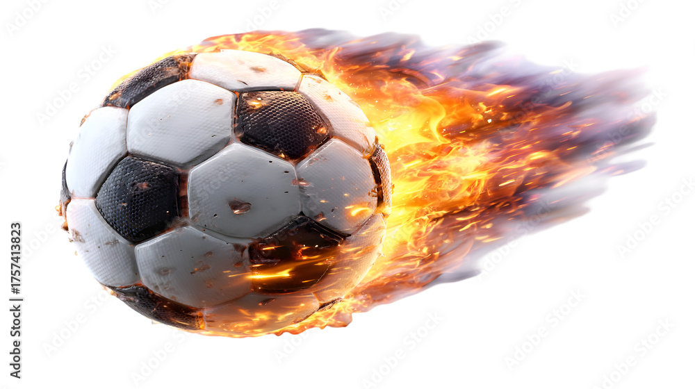 Fototapeta premium A soccer ball engulfed in intense flames flies rapidly through the air creating a dynamic and powerful display against white background.
