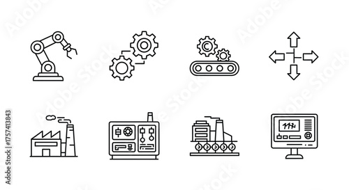 Collection of industrial automation icons and symbols for manufacturing technology concepts vector