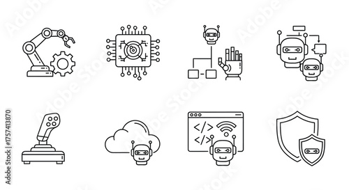 Set of 8 line art icons representing technology robotics ai cloud computing and cybersecurity concepts vector