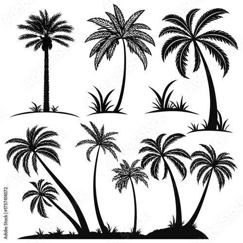 A collection of black silhouette palm trees arranged in a grid pattern on a white background