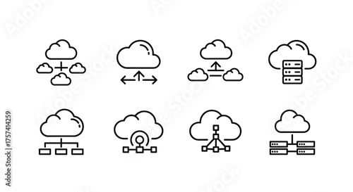Cloud computing icons representing networked systems data storage and synchronization services vector