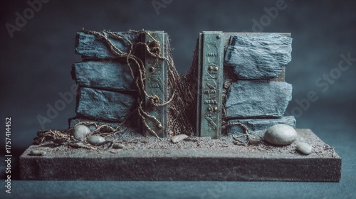 Miniature slate ruin diorama with runed metal braces and dusty base